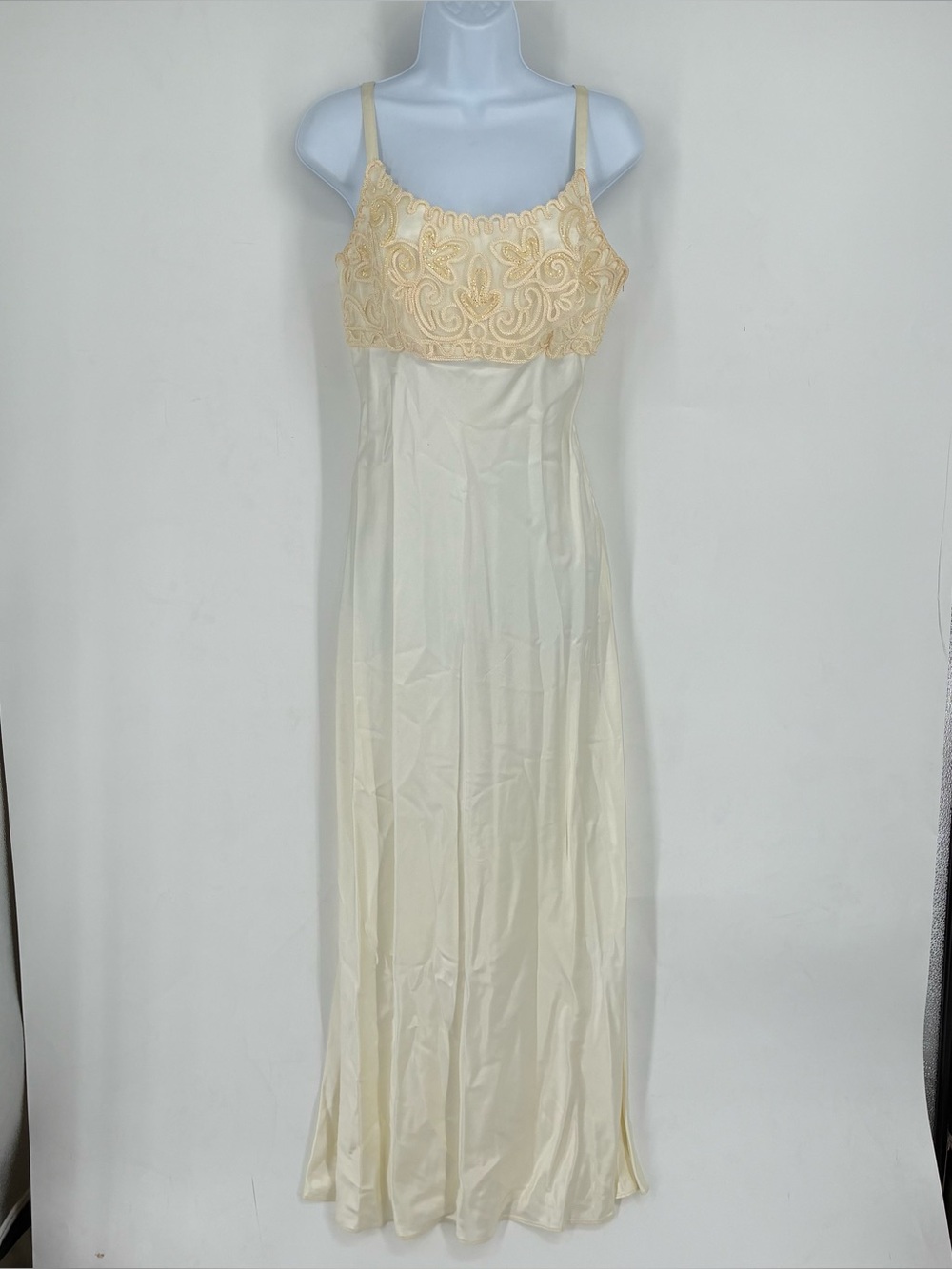 Vintage 90s Roberta Satin Embroidered Beaded Bodice Formal Prom Dress Y2K Bride